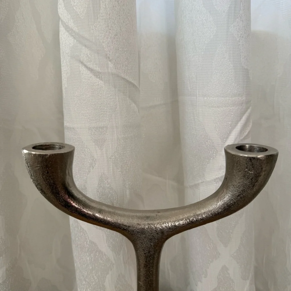 Crate & Barrel Double Taper Silver Metal Candle Holder